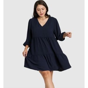 3/4 Sleeve Tiered Babydoll Dress Elegant Navy Blue Women's Dress